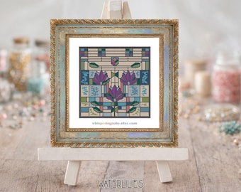Waterlilies Pop Art Mini Peyote Embroidery, Frank Lloyd Wright Small Beaded Tapestry (6x6 inches PDF download)