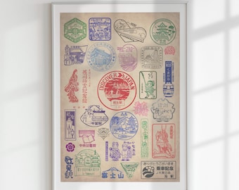 Original design Japanese EKI stamps collage poster - Instant download