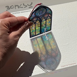 Banksy &quot;stained glass&quot; clear bookmarks / transparent ornaments with Forgive our Trespassing * Graffiti church window bookmark * NOT GLASS *