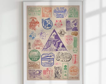 Original design Japanese EKI stamps collage poster - Instant download