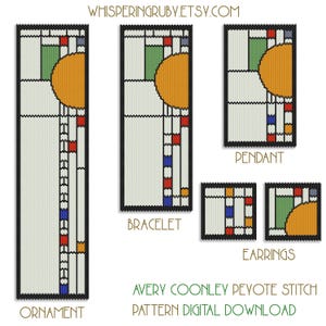 May include: A digital download pattern for a peyote stitch beaded ornament, bracelet, pendant, and earrings. The pattern features a geometric design with a circle, squares, and rectangles in shades of green, blue, red, orange, and yellow.
