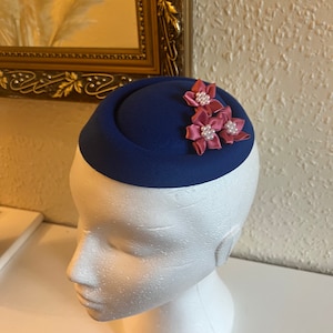 Royal blue pillbox Fascinator pink satin flowers wedding hair accessory