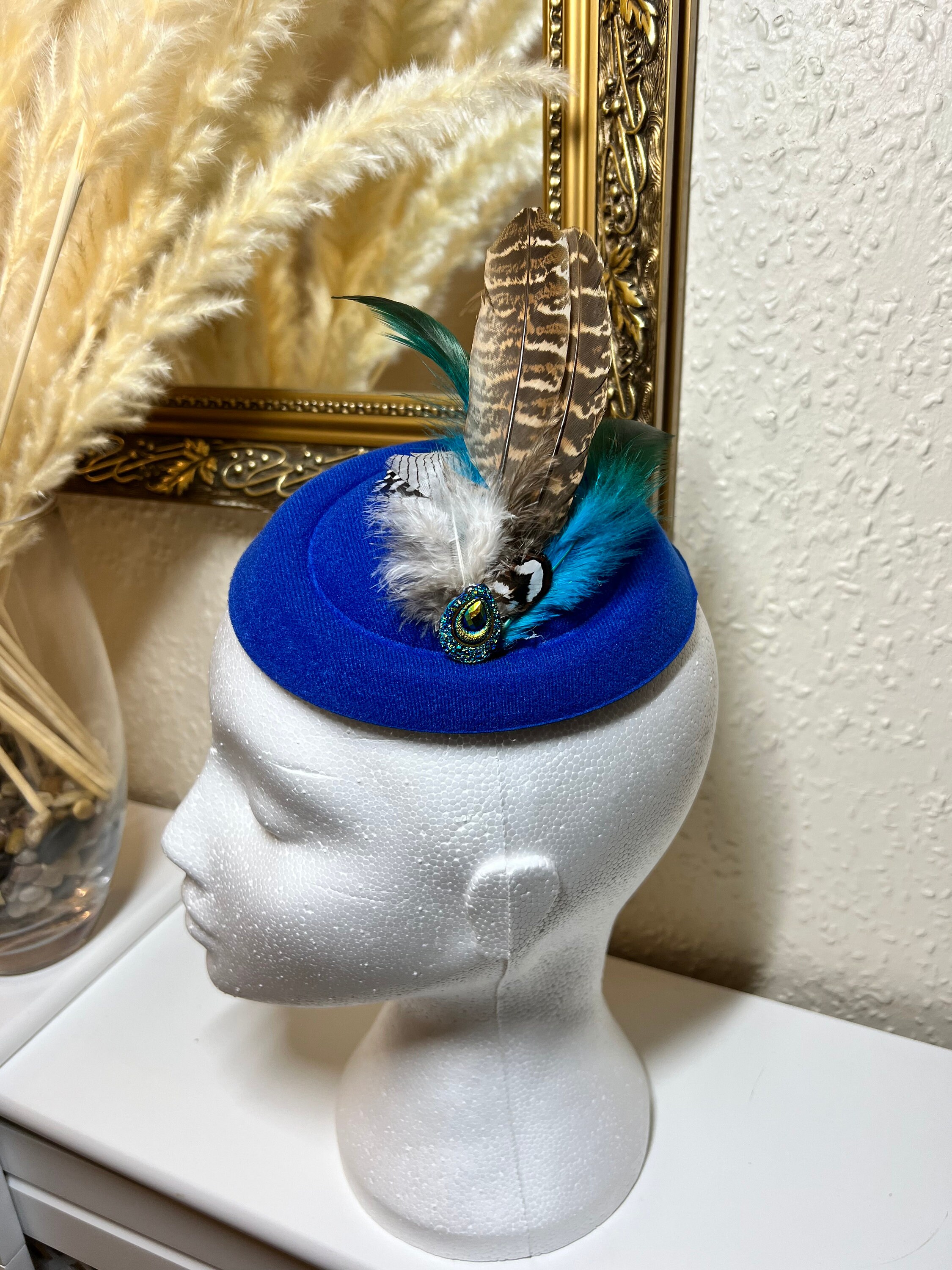 Royal Blue Ostrich Feather Pillbox Hat Hair Clip Fascinator Races Gold Vtg 4232 