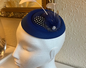 Blue pillbox Fascinator feather hair accessory wedding racing