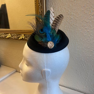 Black pillbox feather Fascinator wedding hair accessory mini hat racing