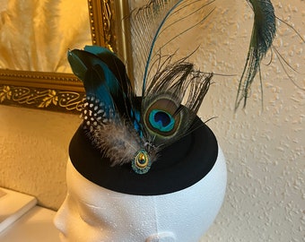 Black pillbox Fascinator feathers hair accessory wedding racing