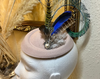 Pink peacock feather Fascinator mini hat hair accessory wedding racing