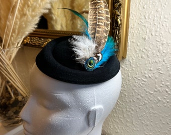 Black pillbox Fascinator feathers racing wedding mini hat hair accessory