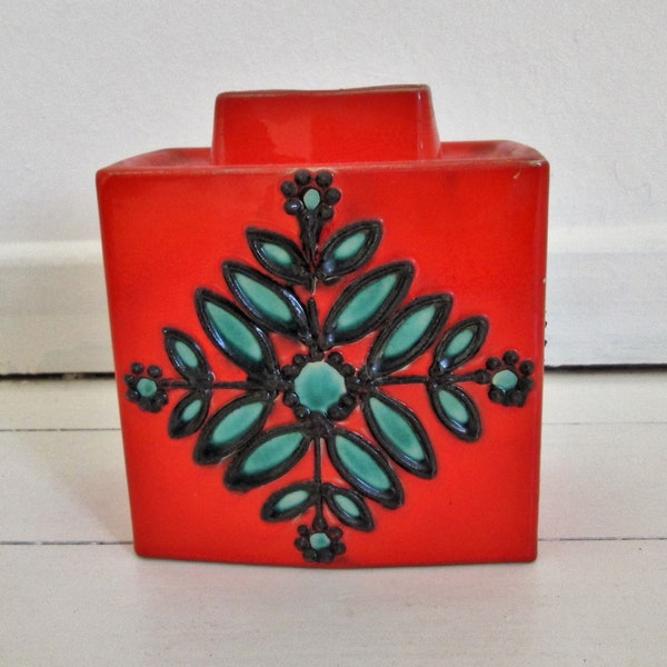 Vase, Keramik, rote Glasur, schwarz-meergrünes Dekor, Vintage