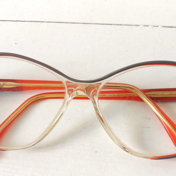 Feminine Lamy-Brille in Grau und Rot-Orange, 14 cm breit, Vintage, Katzenauge, Cat-Eye