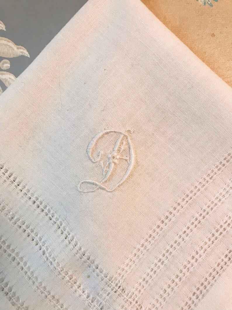 Ancient French handkerchief in embroidered linen and monogram of the letter D