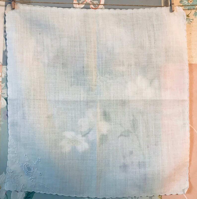 embroidered and hemmed in sky blue 2 old French handkerchiefs for tears of joy