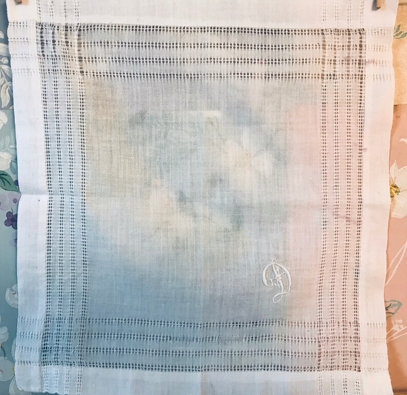 Ancient French handkerchief in embroidered linen and monogram of the letter D