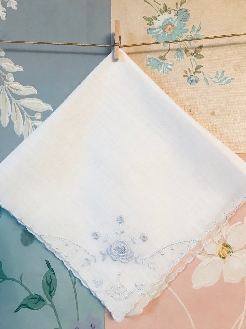 embroidered and hemmed in sky blue 2 old French handkerchiefs for tears of joy