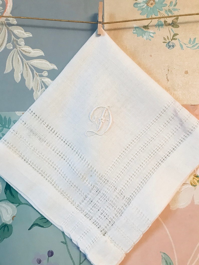 Ancient French handkerchief in embroidered linen and monogram of the letter D