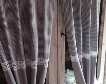 2 curtains, checkered, gray-white, cotton fabric, other colors on request, made to measure, handmade, shabby, country house