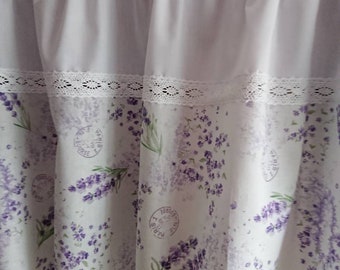 Panel curtain, white, lavender flowers, shabby, 30 cm high, country house, handmade