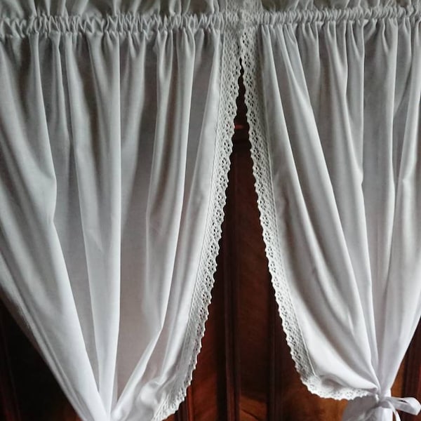 2 curtains, white, shabby, vintage, scarves, handwork,