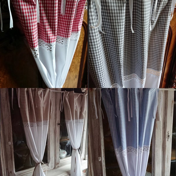2 curtains, scarves, checked, country house, shabby, color selection, made to measure, handwork
