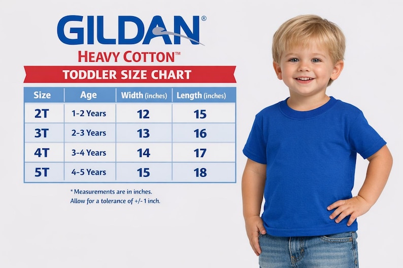 May include: A blue toddler t-shirt with a size chart. The chart shows sizes 2T to 5T, with width measurements from 12 to 15 inches and lengths from 15 to 18 inches. The brand name "Gildan" is visible.