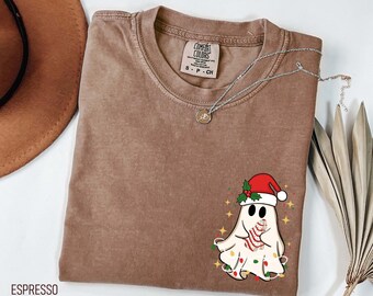 Comfort Colors Christmas Ghost Shirt, Pocket Tee