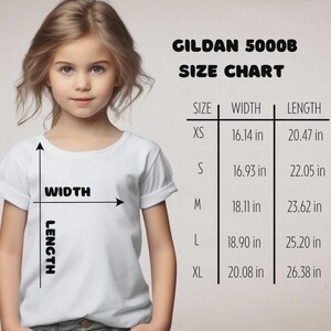 May include: A Gildan 5000B size chart for a white t-shirt. The chart lists sizes XS through XL with corresponding width and length measurements in inches. A diagram on the shirt shows how to measure width and length for accurate sizing.