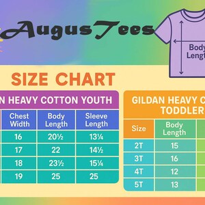 May include: Size chart for Gildan Heavy Cotton youth and toddler t-shirts. Includes chest width, body length, and sleeve length measurements in inches for sizes XS to L and 2T to 5T. The brand name "Augus Tees" is at the top.