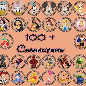 May include: A collection of circular character portraits, including Disney and Marvel characters, arranged on a peach background. The image features characters like Mickey Mouse, Ariel, and Darth Vader. Text reads "100+ Characters."