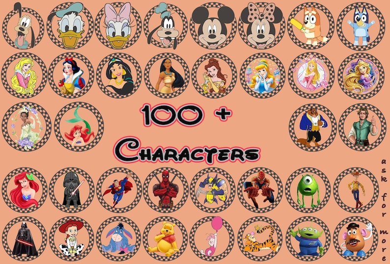 May include: A collection of circular character portraits, including Disney and Marvel characters, arranged on a peach background. The image features characters like Mickey Mouse, Ariel, and Darth Vader. Text reads "100+ Characters."