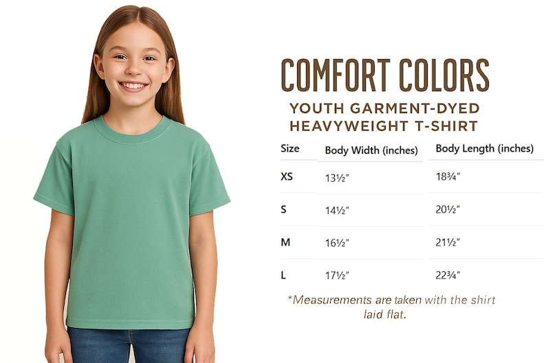 May include: A young person wearing a short-sleeved, seafoam green t-shirt. The image includes a size chart for youth garment-dyed heavyweight t-shirts, with body width and length measurements in inches. The text reads "COMFORT COLORS".