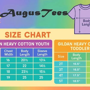 May include: Size chart for Gildan Heavy Cotton youth and toddler t-shirts. Includes chest width, body length, and sleeve length measurements in inches for youth sizes XS to L, and toddler sizes 2T to 5T.