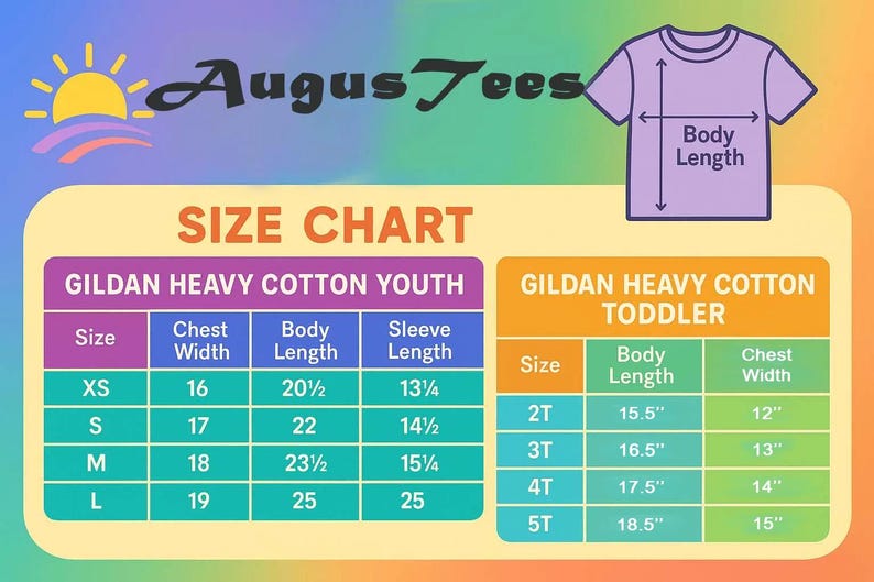 May include: Size chart for Gildan Heavy Cotton youth and toddler t-shirts. Includes chest width, body length, and sleeve length measurements in inches for youth sizes XS to L, and toddler sizes 2T to 5T.