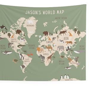 May include: A green world map with a beige background featuring various animals from different continents. The map includes the names of the continents and oceans. The title of the map is "Jason's World Map".