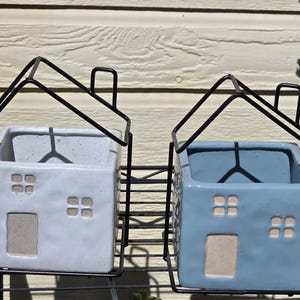 Choice of Blue or White Ceramic House Planter or Catch-all, Boho Plant Pot, Black Metal housing, Adobe, Pueblo Style Cache Pot, Unique Gift