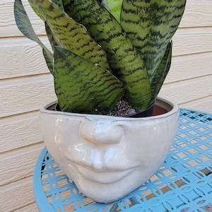 Large Glazed Beige White, Aqua Teal, or Ocean Blue Pottery Face Pot with Drainage Hole, Handmade Head Planter, Modern Plant Pot Plant Holder