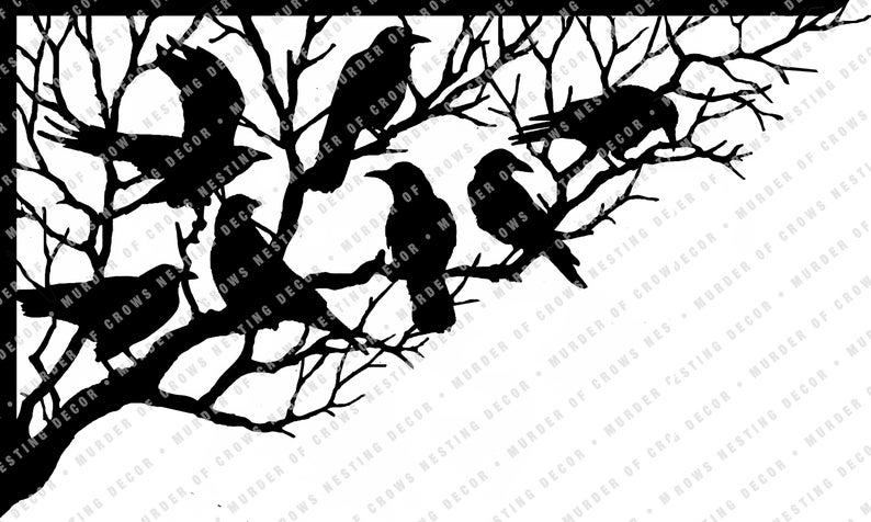 May include: Black silhouette of crows perched on bare branches. The crows are in a variety of poses, some with their wings spread, others with their heads tilted. The branches are bare and twisted, creating a spooky and eerie atmosphere.
