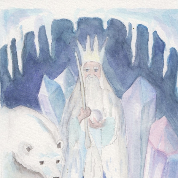 Postkarte | König Winter | Jahreszeitentisch | Waldorf | Kristalle | Eisbär | Aquarell | handgemalt | Eisblau | märchenhaft | Illustration |