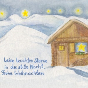 Cartolina | Natale | Natale in montagna | Stelle |  rifugio di montagna | Tavola stagionale | Scuola | dipinto a mano | Silenzio | Desiderio | Nevicare
