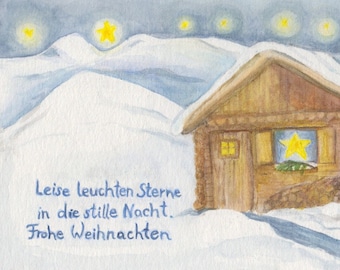 Postcard | Christmas | Mountain Christmas | Stars | Mountain hut | Seasonal table | Waldorf | Hand-painted | Silence | Longing | Snow