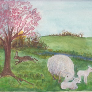 Cartolina | Prato di Pasqua | Pecora con agnello | Scuola | Acquerello | dipinto a mano | Prato | Coniglio | Pace | Primavera | Pasqua | piccolo fiume |