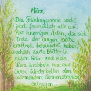Postkarte | März | Monatskarte | Frühling | Waldorf | Jahreszeitentisch | Dachs | Sonne | Blumen | Grün | Sehnsucht | poetischer Text | hell