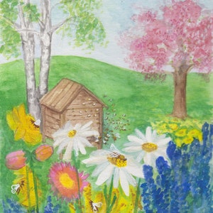 Carte postale | Ruche | fleurs colorées | Waldorf | Table de saison | Début de l'été | Aquarelle | peint à la main | journée chaude | joyeux | la Saint-Jean