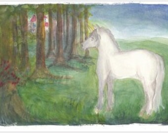 Carte postale | Licorne | Aquarelle | Waldorf | peint à la main | Monde de conte de fées | Table de saison | Château | balade | magique | illustré | Prairie