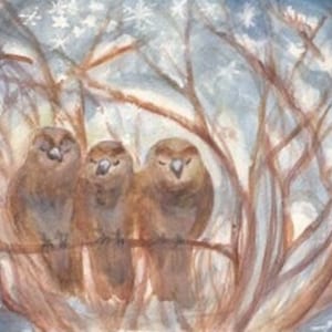 Carte postale | Les Trois Moineaux | Table de saison | Hiver | Aquarelle | peint à la main | Waldorf | Flocons de neige | Oiseaux | Noisetier | Bleu |