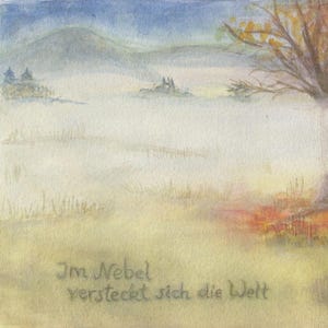 Postkarte | Im Nebel | Herbstgruß | Waldorf | Jahreszeitentisch | Landschaft | mystisch | handgemalt | Aquarell | stimmungsvoll | Ruhe |