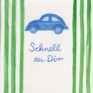 Carte postale | Le bonheur des scarabées | rayé | Désir | ensemble | Amitié | Amour | Anniversaire | Aquarelle | peint à la main | Sentiments | Voiture |