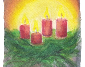 Ansichtkaart | Advent | licht | warmte | Gezelligheid | Kerstmis | Kaarsen | Dennentakken | Contemplatie | liefdevolle groet | Kleuren | Geel