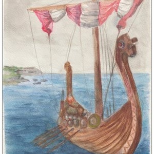 Postkarte | Wikingerschiff | Kinder | Waldorf | Aquarell | handgemalt | Meer | Insel | Kraft | Mut | Küste | Seereise | Drachenschiff |