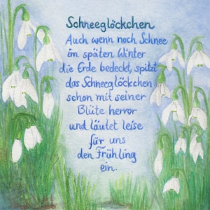 Ansichtkaart | Sneeuwklokjes | Wilde bloem | Seizoensgebonden tafel | Waldorfschool | Kaart voor verjaardagen in januari en februari | Aquarel | voorbode van de lente