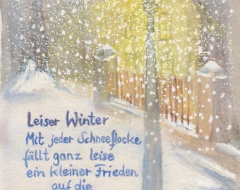 Postcard | Christmas | Peaceful snowflakes | Winter greetings | Night | Seasonal table | Waldorf | Silence | Light | Watercolor | Winter |
